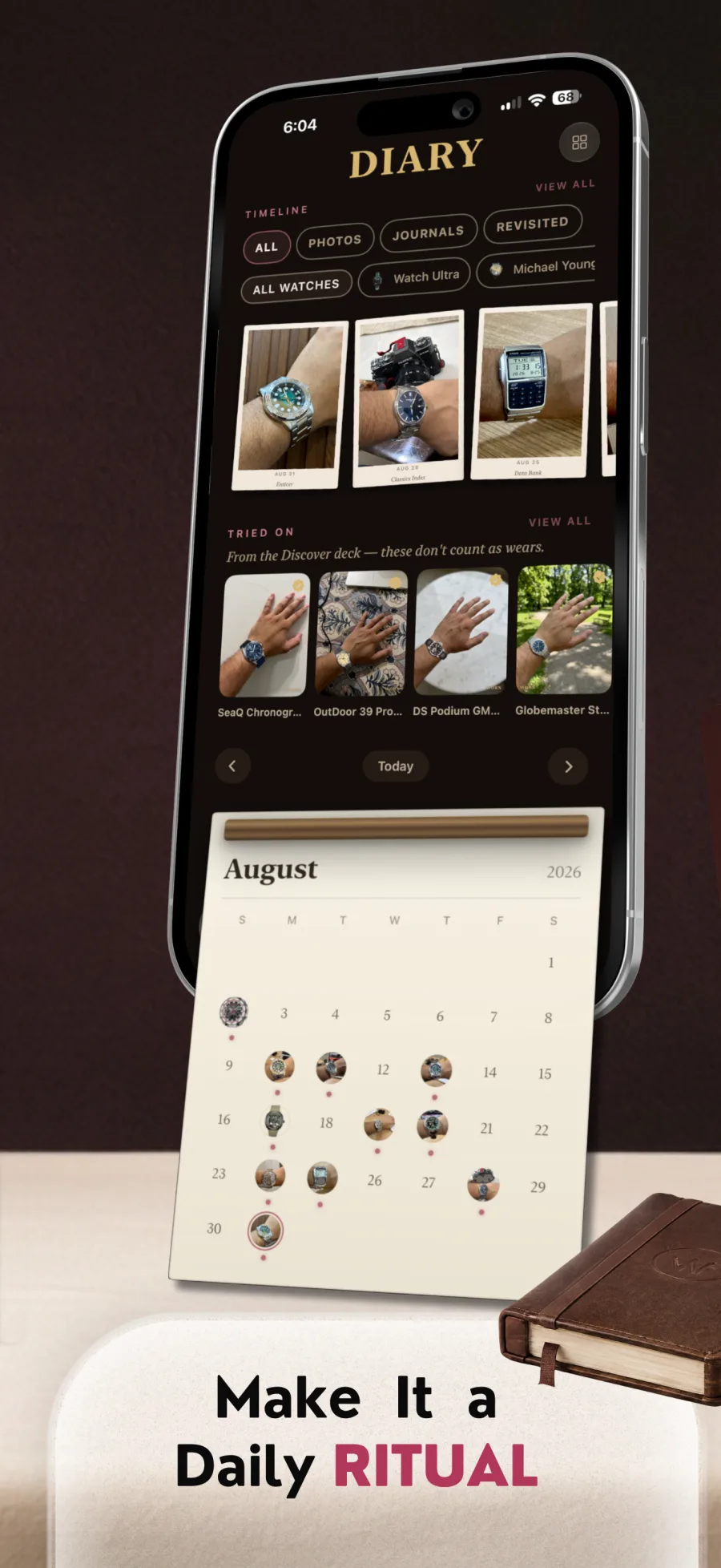 The WORN diary: a timeline of wrist shots, a Tried-on strand from the Discover deck, and a paper calendar of August