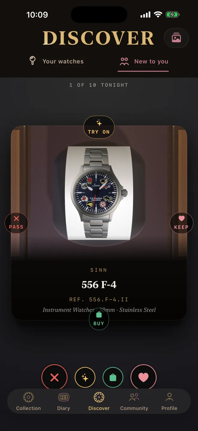 The WORN Discover deck: a Sinn 556 F-4 card with Pass, Try on, Buy and Keep controls, one of ten watches for tonight